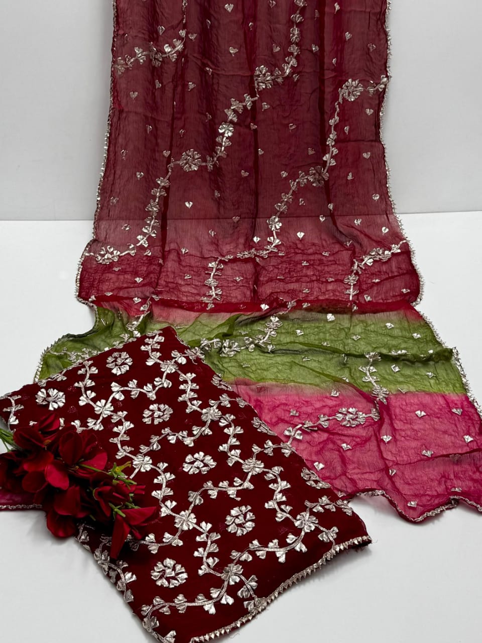Pure Bamber Chiffon Handmade LCD Gotta Jaal Work Shirt With Tye nd Dye Chiffon 4 Sided Gotta Work Duppta 2 Pcs Dress .👗 with free home delivery🚚