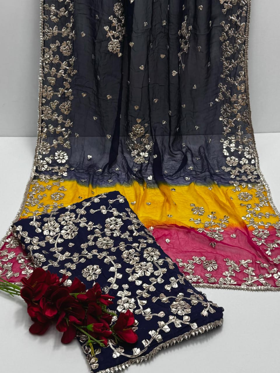 Pure Bamber Chiffon Handmade LCD Gotta Jaal Work Shirt With Tye nd Dye Chiffon 4 Sided Gotta Work Duppta 2 Pcs Dress .👗 with free home delivery🚚