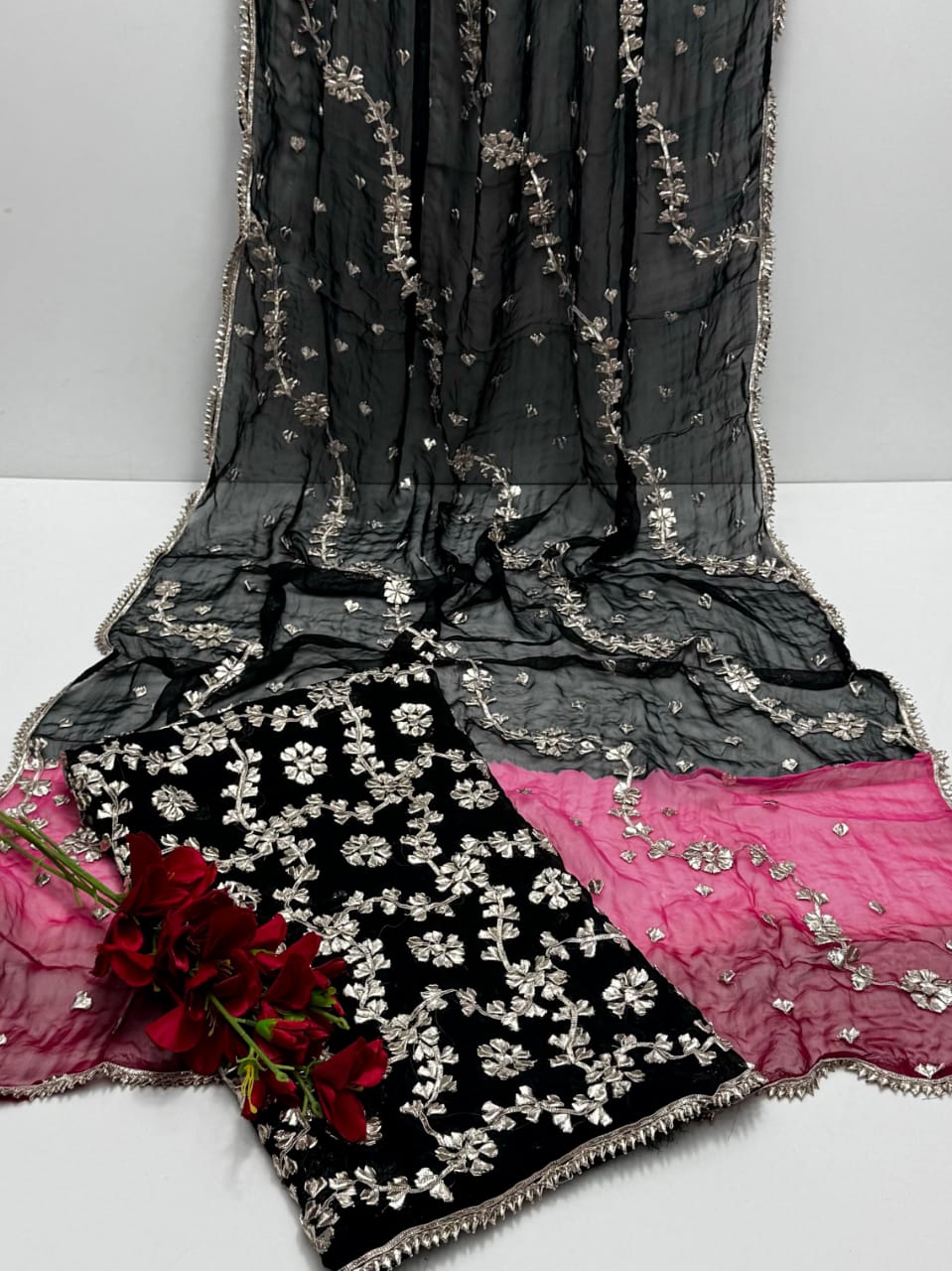Pure Bamber Chiffon Handmade LCD Gotta Jaal Work Shirt With Tye nd Dye Chiffon 4 Sided Gotta Work Duppta 2 Pcs Dress .👗 with free home delivery🚚