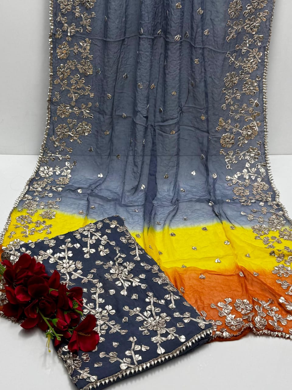 Pure Bamber Chiffon Handmade LCD Gotta Jaal Work Shirt With Tye nd Dye Chiffon 4 Sided Gotta Work Duppta 2 Pcs Dress .👗 with free home delivery🚚