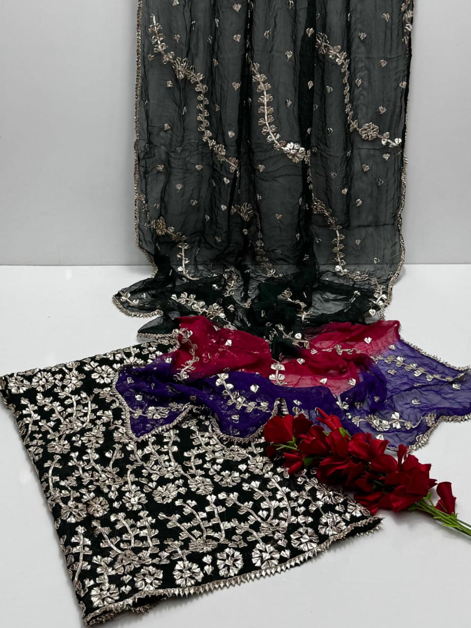 Pure Bamber Chiffon Handmade LCD Gotta Jaal Work Shirt With Tye nd Dye Chiffon 4 Sided Gotta Work Duppta 2 Pcs Dress .👗 with free home delivery🚚