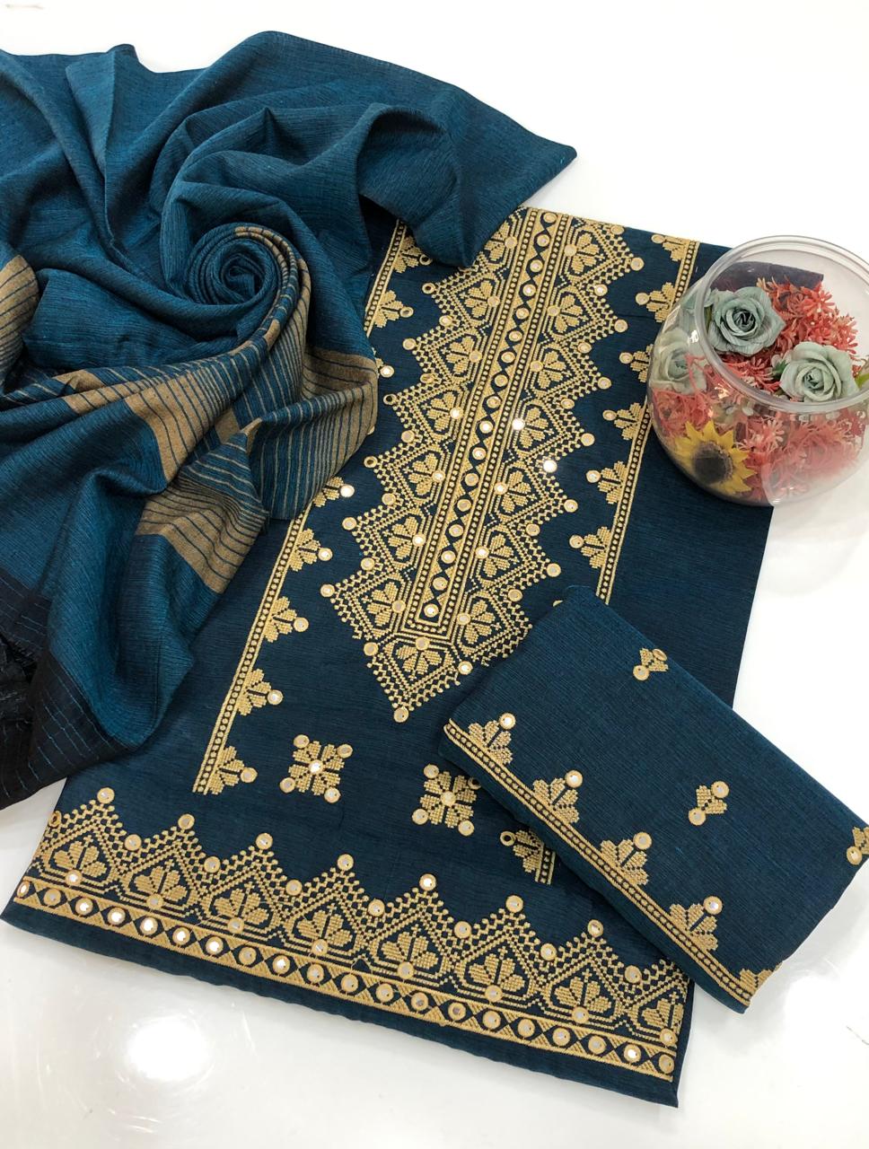 New collection 2024  Stuff::: staple laboosi Work ::: cross stitch Galla daman 9 mm Trouser::: embroidery  Shawl :jacquard style  3pc dress👗